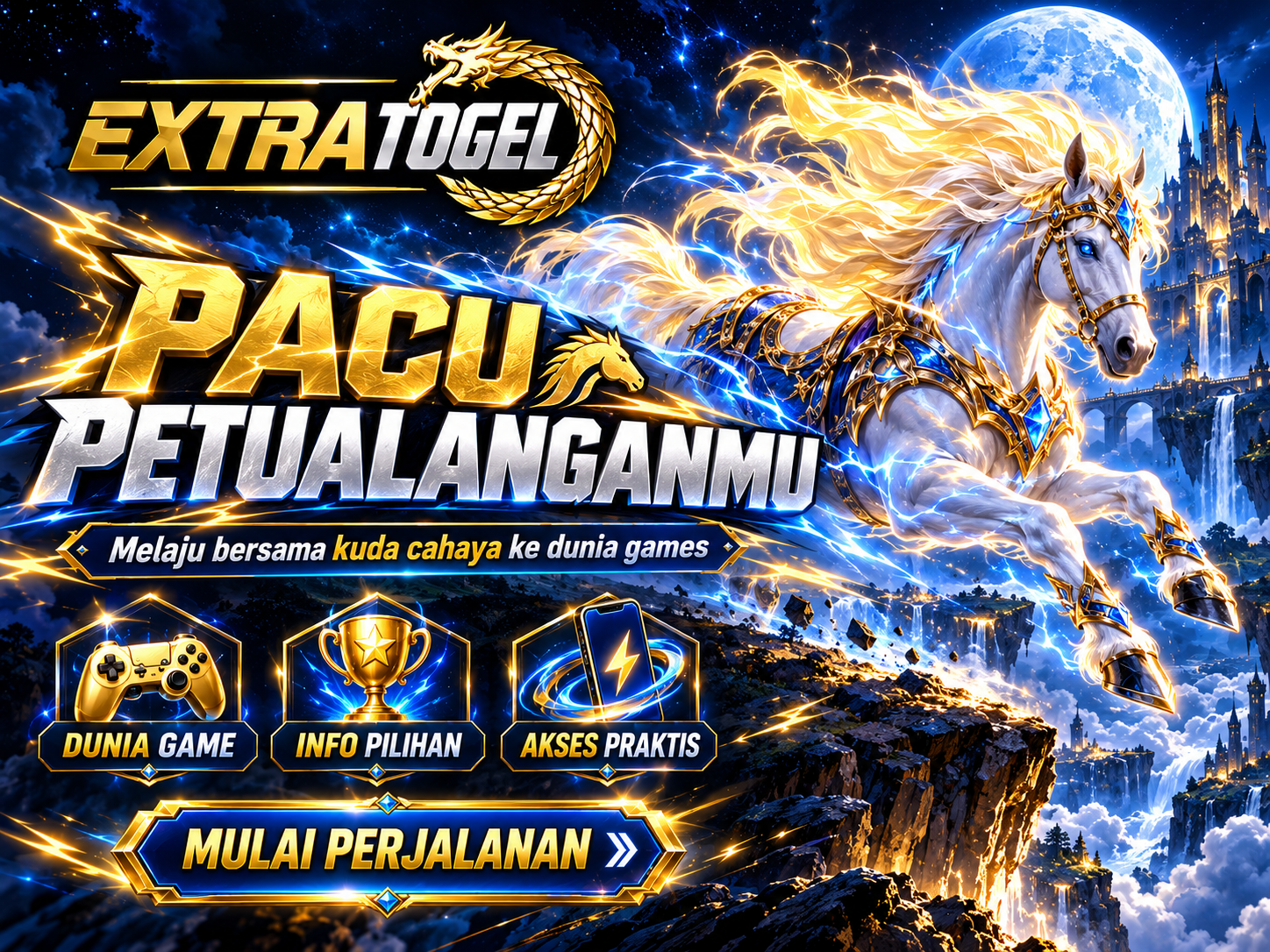 Banner EXTRATOGEL dengan kuda fantasi bercahaya biru, surai emas, dan lintasan tebing malam